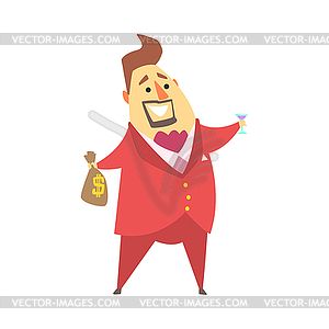 Millionaire Rich Man Holding Money Bag And Glass - vector clip art