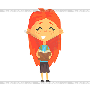 Smiling Redhead Girl Reading Book, Primary School - stock vector clipart