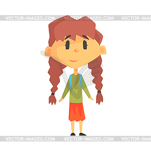 Girl With Two Plats, Primary School Kid, - vector image