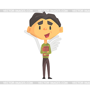 Boy In Green Sweater Holding Books, Primary School - vector image