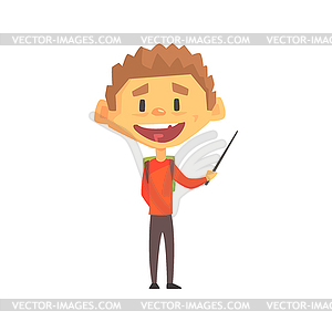 Smiling Boy With Pointer, Primary School Kid, - vector image