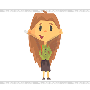 Girl With Long Brown Hair Smiling, Primary School - vector clip art