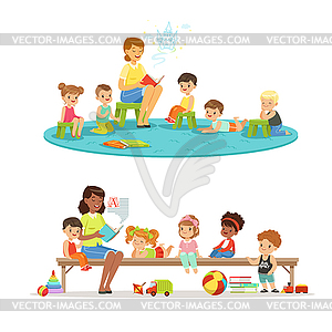 Group of preschool kids and teacher. Teacher readin - vector image