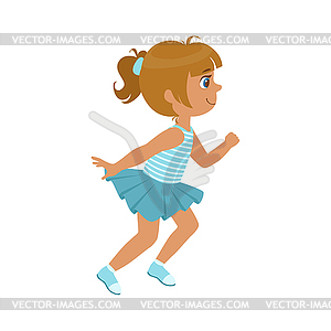 Little girl running in blue dress, kid in motion, - vector image