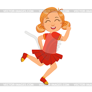 Happy little girl running and smiling in red - royalty-free vector clipart