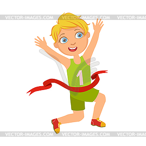 Boy run to finish line first, colorful character - vector clip art