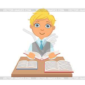 Elementary school student sitting at desk and - vector image