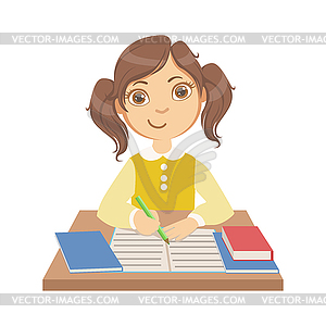 Cute little girl writing at school, colorful - vector clip art