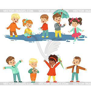 Smiling little kids playing on puddles, set for - royalty-free vector clipart