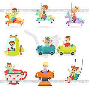 Children having fun in an amusement park, set for - vector image