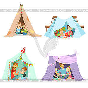Cute little children playing with teepee tent, set - vector image