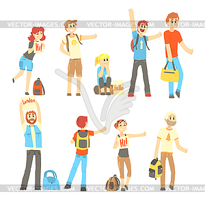 Hitchhiker standing with backpack and bag, set for - vector image