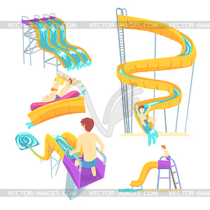 People having fun playing water slides, set for - vector clip art