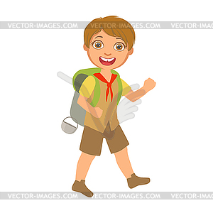 Smiling boy scout carrying tourist backpack, - royalty-free vector clipart