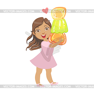 Little girl carring colorful citrus jelly, - vector clip art