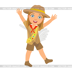 Happy scout girl raising her arms up, colorful - vector clip art