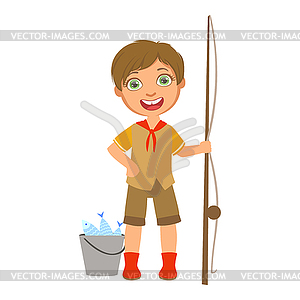Happy boy scout with fishing rod and bucket, - vector clipart