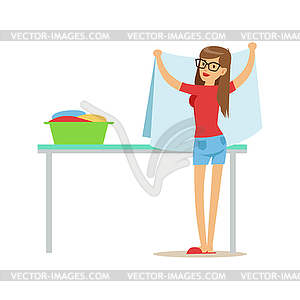 Woman Folding Clean Laundry, Part Of People Using - vector image