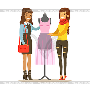 Two Women Discussing Pink Dress On Dummy, Part Of - vector clipart