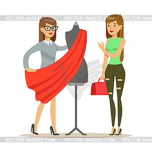 Woman And Designer Choosing Fabric For Dress , - vector image