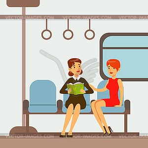 Two Women Sitting In Metro Train Car, Part Of Peopl - vector image