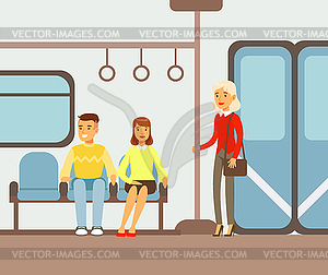 Passengers On Their Places In Metro Train Car, - vector clipart