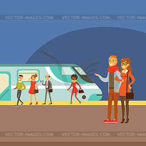 Couple Waiting For Train Arrival On Platform, Part - vector image