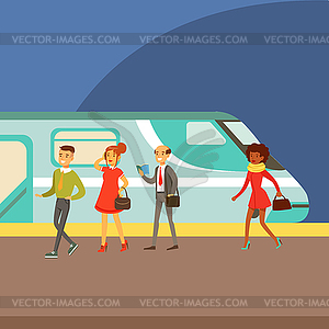 Passengers Boarding Train At Platform, Part Of - royalty-free vector image