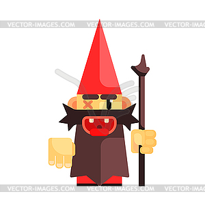 Dwarf in red hat grimly grins. Fairy tale, - vector image