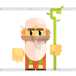 Cartoon bearded gnome with staff in his hands. Fair - vector EPS clipart