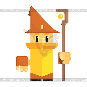 Cute cartoon gnome in brown hat with staff in his - vector image