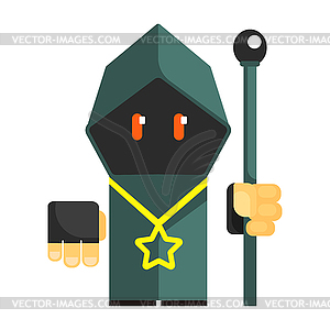 Cartoon mysterious gnome in gray cape with glowing - vector image