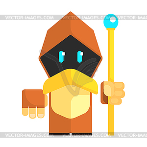 Cartoon gnome in cape with glowing eyes holding - royalty-free vector image