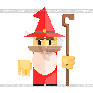 Cute cartoon gnome in red hat with staff in his - vector clip art