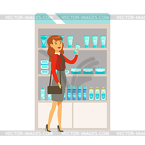 Woman In Red Top In Pharmacy Choosing And Buying - stock vector clipart