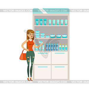 Young Girl In Pharmacy Choosing And Buying Drugs An - vector clipart