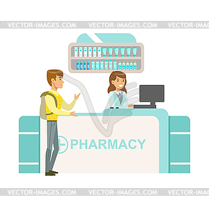 Guy With Backpack In Pharmacy Choosing And Buying - vector image