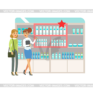 Woman In Pharmacy Choosing And Buying Drugs And - royalty-free vector image