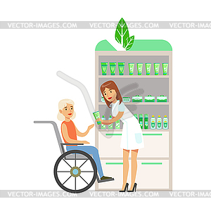 Woman In Wheelchair In Pharmacy Choosing And - vector clip art