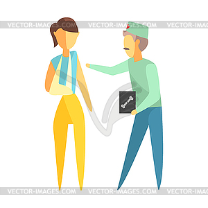 Doctor holding roentgen image and helping woman wit - vector clip art