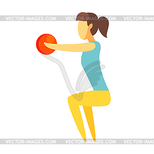 Girl doing squatting exercise with ball in her - vector image