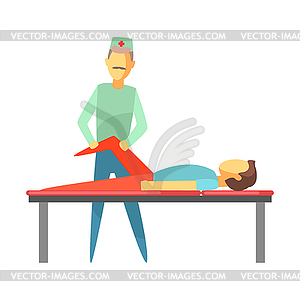 Doctor examining leg of young man lying on bed. - vector clipart