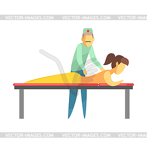 Octor examining back of young woman lying on - vector image