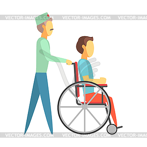 Male doctor pushing disabled man sitting on - vector clipart