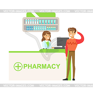 Man In Sweater In Pharmacy Choosing And Buying Drug - vector image