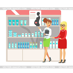 Pregnant Woman In Pharmacy Choosing And Buying Drug - vector clip art