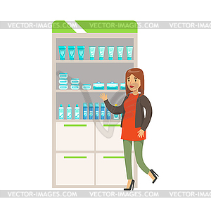 Woman In Red Sweater In Pharmacy Choosing And Buyin - vector clipart