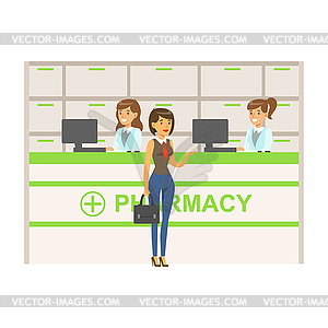 Woman In Vest And Tie In Pharmacy Choosing And - vector image