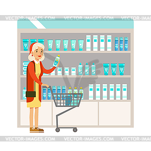 Old Lady In Pharmacy Choosing And Buying Drugs And - vector clipart