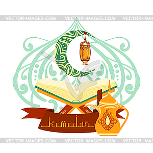 Holy book of Quran with lamp, ramadan greeting card - vector clipart